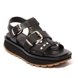 ITALIAN Black Leather Platform Slingback Sandals
